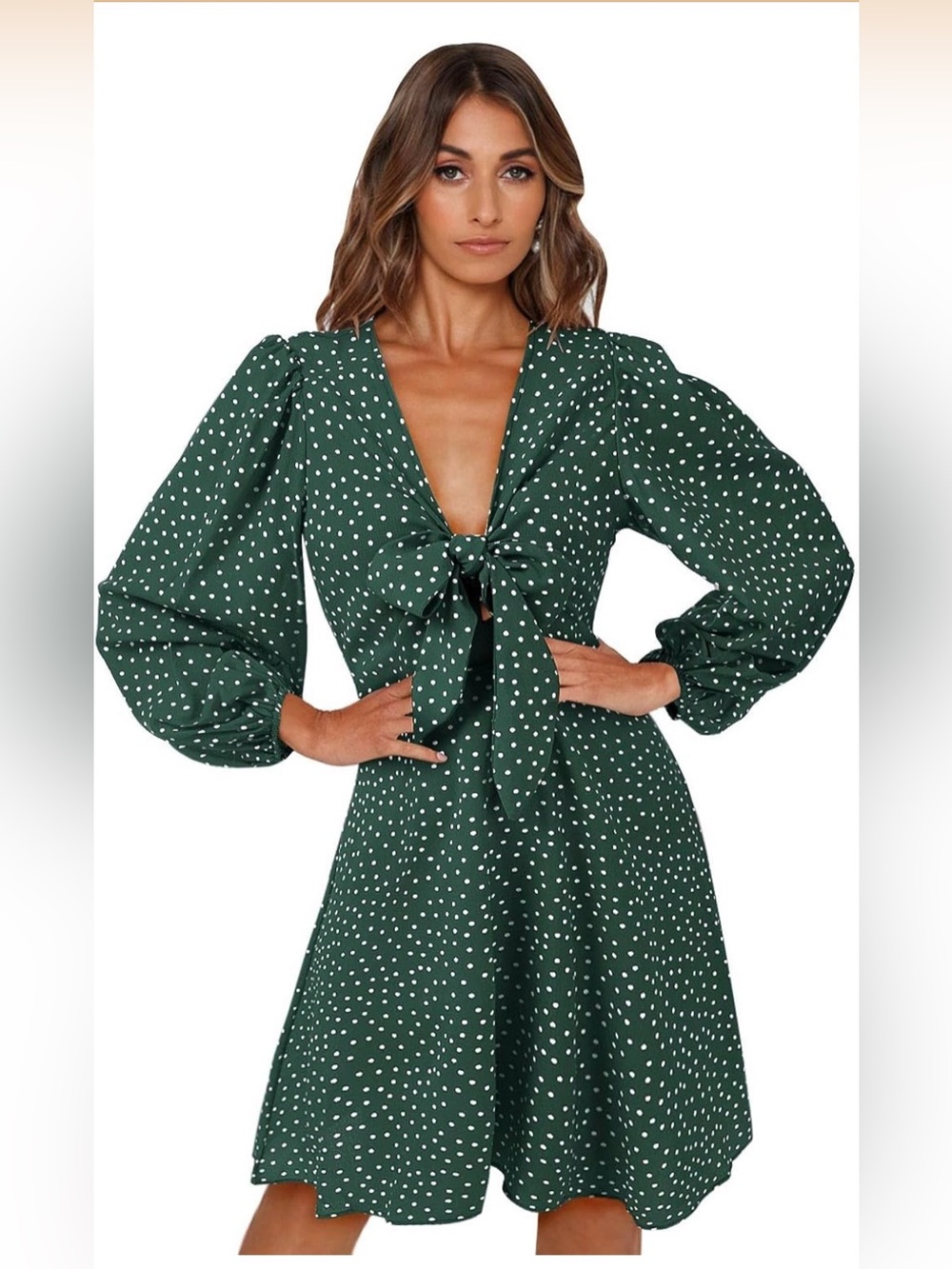 Green Polka Dot Mini Dress | Tie Front Long Sleeve Dress